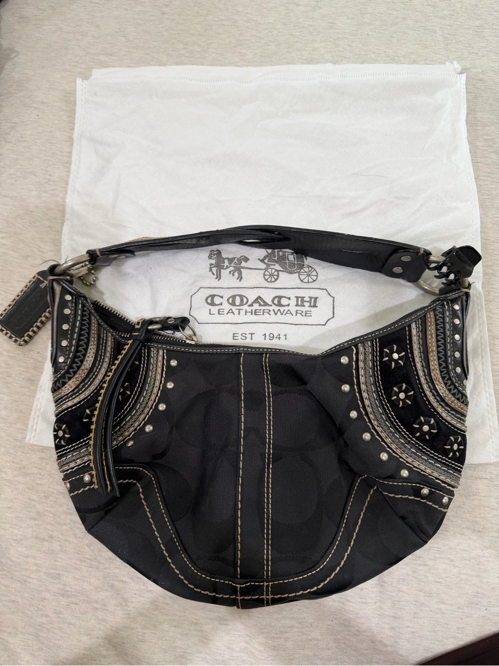 Coach Black Studded Shoulder Hobo with Cream Contrast